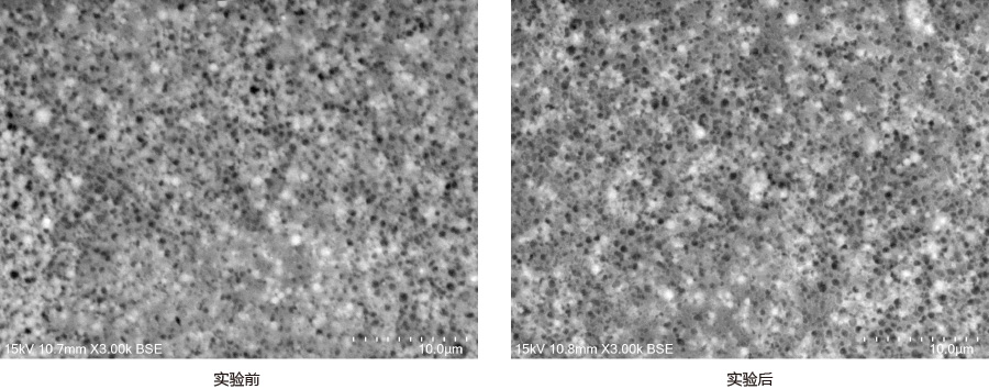 MEGTRON6 R-5775(K)表面的电子显微镜图像（倍率3000倍）实验前后无变化。无裂纹和空隙等异常